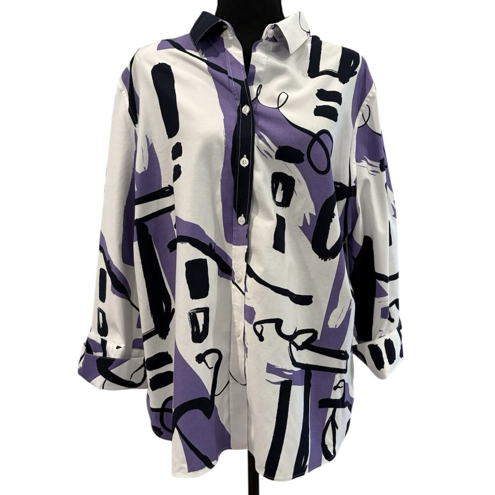 Chico’s Multicolored Geometric Print Button Down Blouse 3/4 Sleeves Sz 3.5 (18)